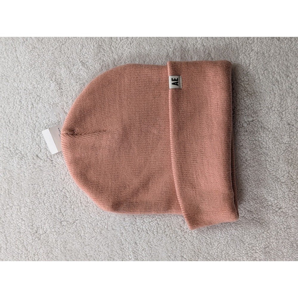 American Eagle Outfitters Cuffed Knit Beanie Hat Dusty Rose Pink AE Logo New